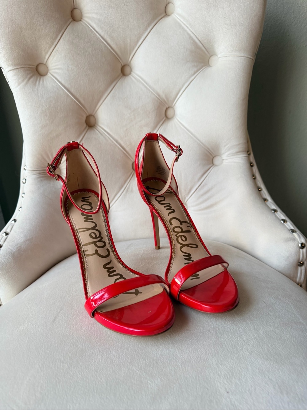 Sam Edelman Red Patent Ankle-Strap Heels with Gold Accents - Picture 13 of 13